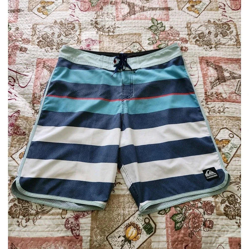 Quiksilver Men's Board Shorts Blue White‎ Striped Surfing Beach Size 34